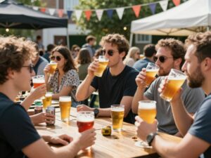 People celebrating at Round Trip Brewing's fifth anniversary with craft beer.