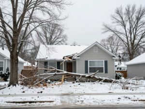 A fallen tree on a house in Sandy Springs due to winter storm damage