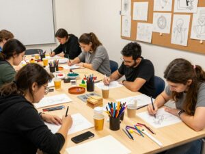 People participating in an art workshop at the Center for Puppetry Arts
