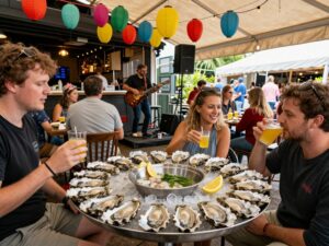 People enjoying fresh oysters at the Smyrna Oysterfest.