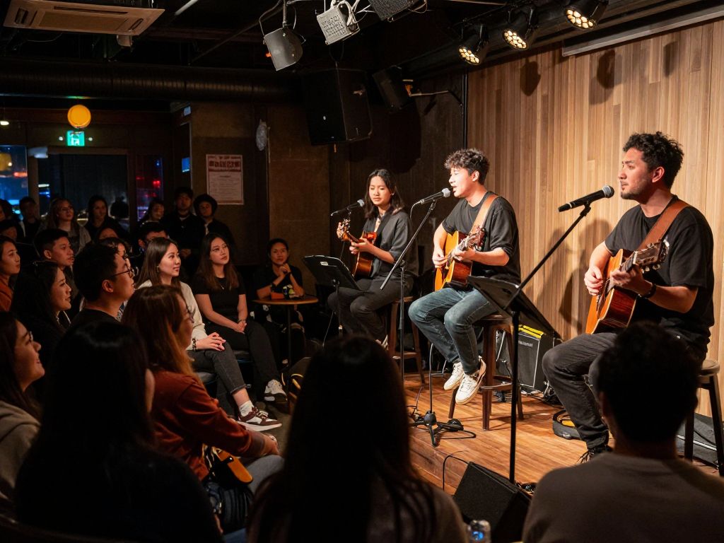 Audience enjoying a performance by songwriters in an intimate music venue