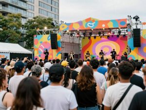 Audiences enjoying the SoundNOW Festival in Atlanta with musicians performing in the background.