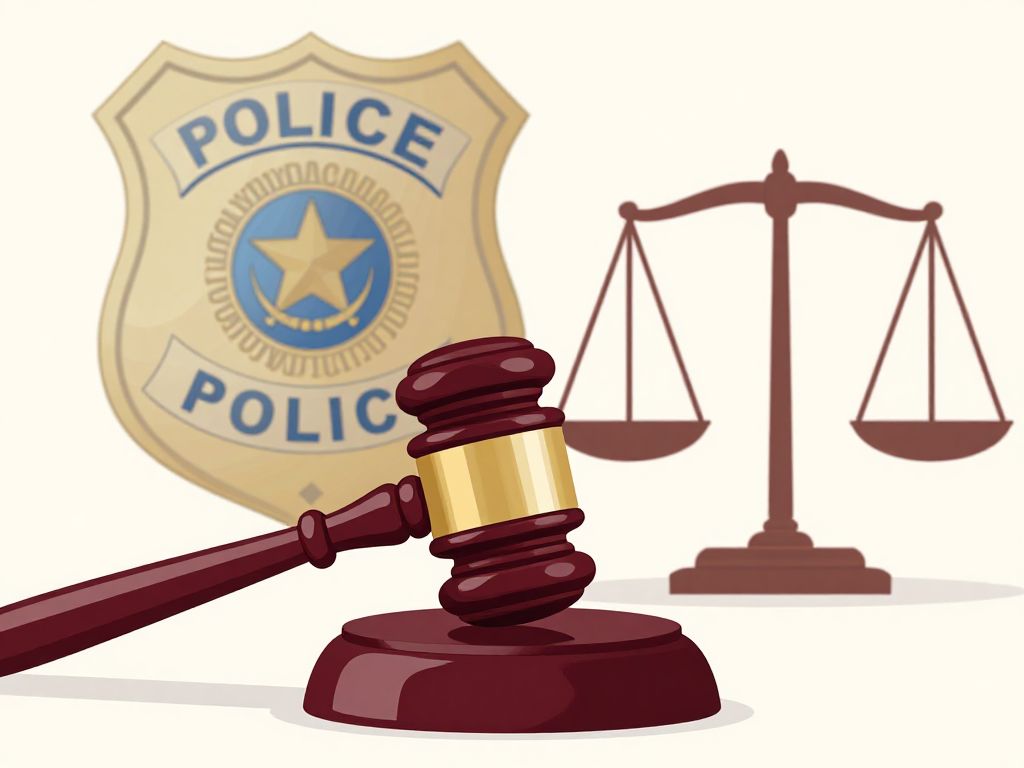 Illustration of court gavel, police badge, and scales of justice