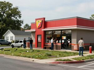 A serene view of a neighborhood near a McDonald's after a shooting incident.
