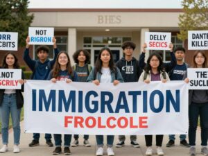 Students protesting outside their school against ICE policies.
