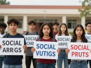 Students holding protest signs outside a school