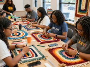Participants creating custom rugs at The Tuftest Class in Atlanta
