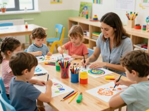 Children engaged in an art session at Toddler Friday event