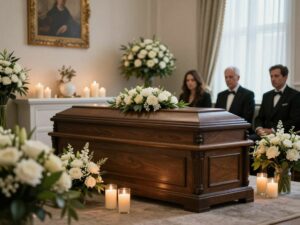 Serene funeral home setting representing community grief