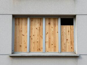 Boarded-up windows of an apartment in Atlanta