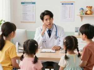 Doctor discussing childhood vaccine changes with parents