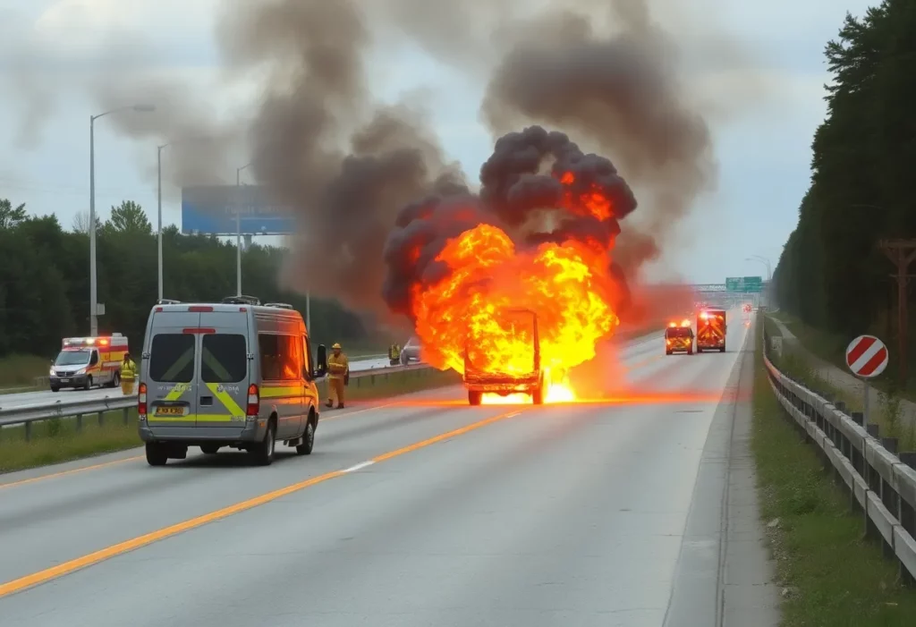 A vehicle engulfed in flames on I-75 North in Cobb County.