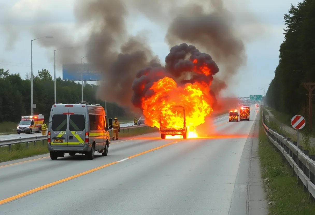 A vehicle engulfed in flames on I-75 North in Cobb County.