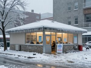 A warming center illuminated at night during an ice storm in North Georgia.