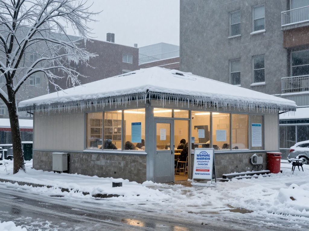 A warming center illuminated at night during an ice storm in North Georgia.