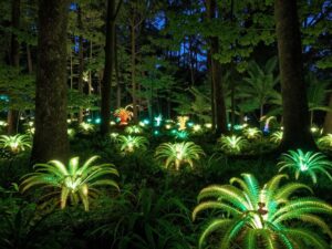 Illuminated forest scene with glowing plants and light installations at Fernbank Museum.