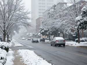 Icy streets during the winter storm in Atlanta, Georgia