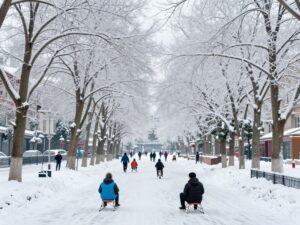 Ice-covered city landscape during winter storm in Atlanta