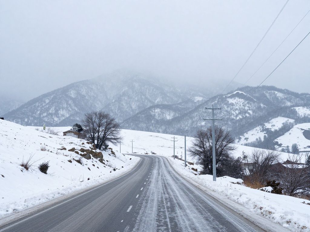 Winter storm conditions in Georgia with icy roads and power lines.