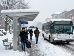 Icy conditions at bus station during Winter Storm Fern in Atlanta