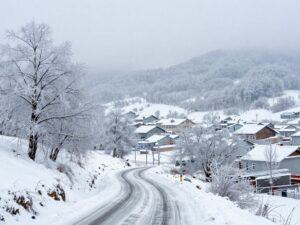 Winter storm landscape in Georgia with snow and ice