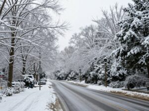 Snowy landscape in Metro Atlanta during winter with icy roads.