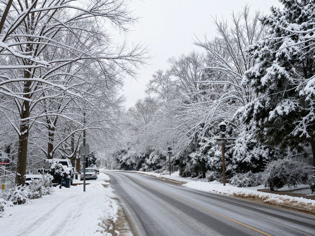 Snowy landscape in Metro Atlanta during winter with icy roads.