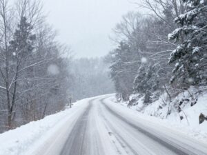 Snow-covered landscape in North Georgia during a winter storm.
