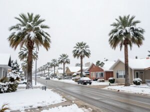 Snow-covered streets and palm trees in a southern town during a winter storm.