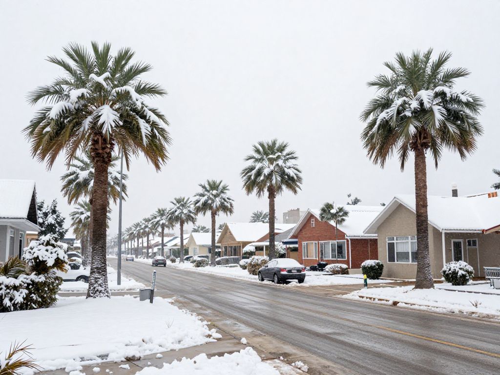 Snow-covered streets and palm trees in a southern town during a winter storm.