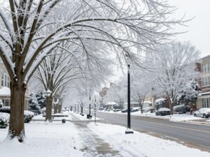Icy trees and snow-covered street in Atlanta during a winter storm.