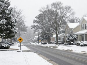 Snow-covered trees in Atlanta with a warning sign for winter weather.