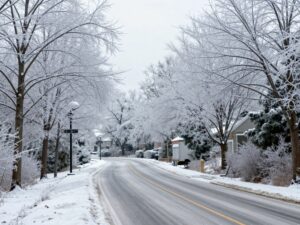 Icy roads and trees in Atlanta during winter weather event