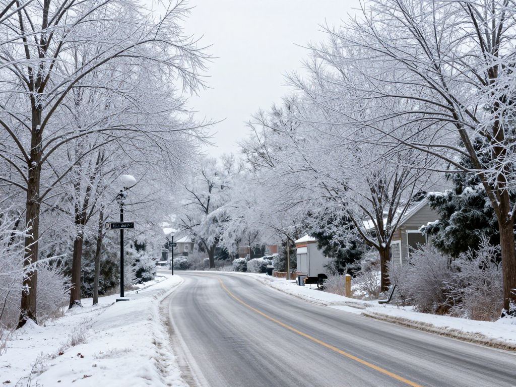 Icy roads and trees in Atlanta during winter weather event