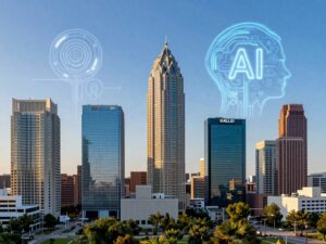 A vibrant view of Atlanta, Georgia's skyline representing technology and AI innovation.