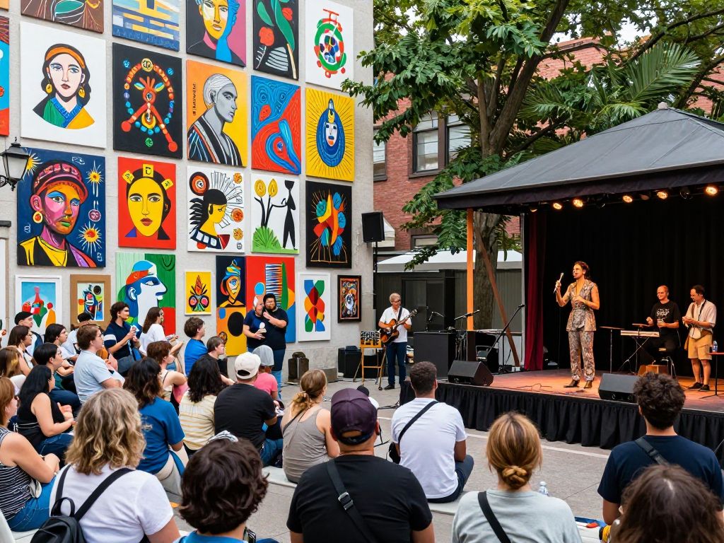 A collage of artistic expressions in Atlanta featuring music, visual arts, and theater.