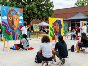A collage of Atlanta's artistic community showcasing various art forms and local artists in action.