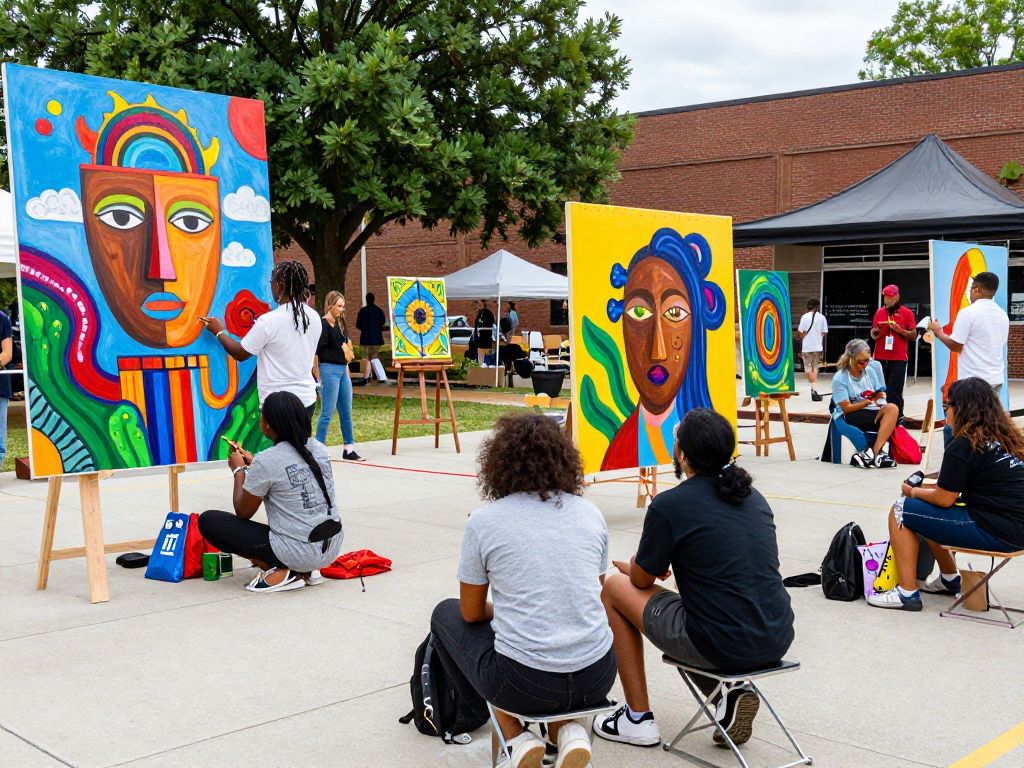 A collage of Atlanta's artistic community showcasing various art forms and local artists in action.