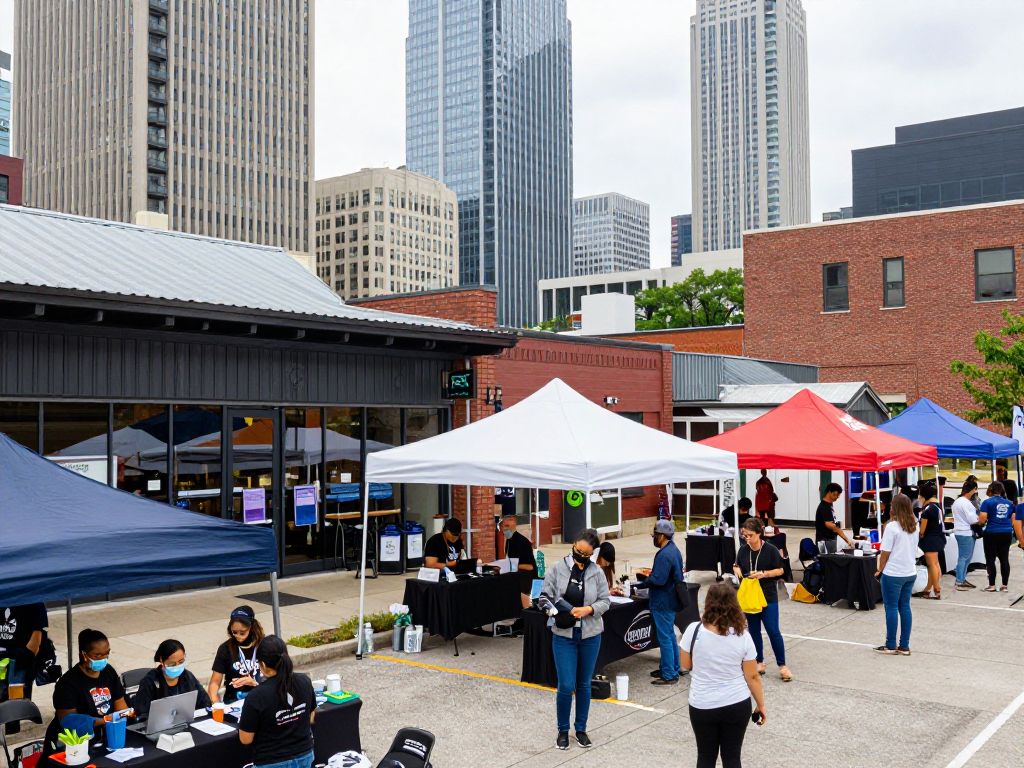A vibrant Atlanta cityscape with small businesses and community gatherings.