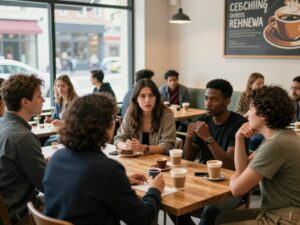 Community members engaging in discussion at a coffee shop in Atlanta.