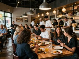 A bustling restaurant scene in Atlanta, showcasing diverse cuisines and local dining establishments.