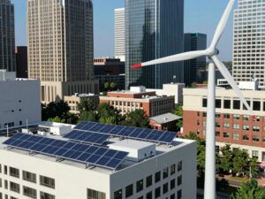 A cityscape of Atlanta with renewable energy sources