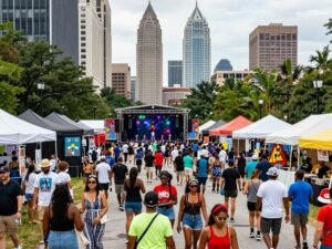 Crowd enjoying a festival in Atlanta with skyline view
