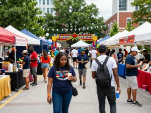 People enjoying a festival in Atlanta with decorations and food stalls.