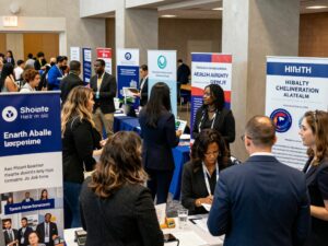 Crowd at Atlanta job fair engaging with employers