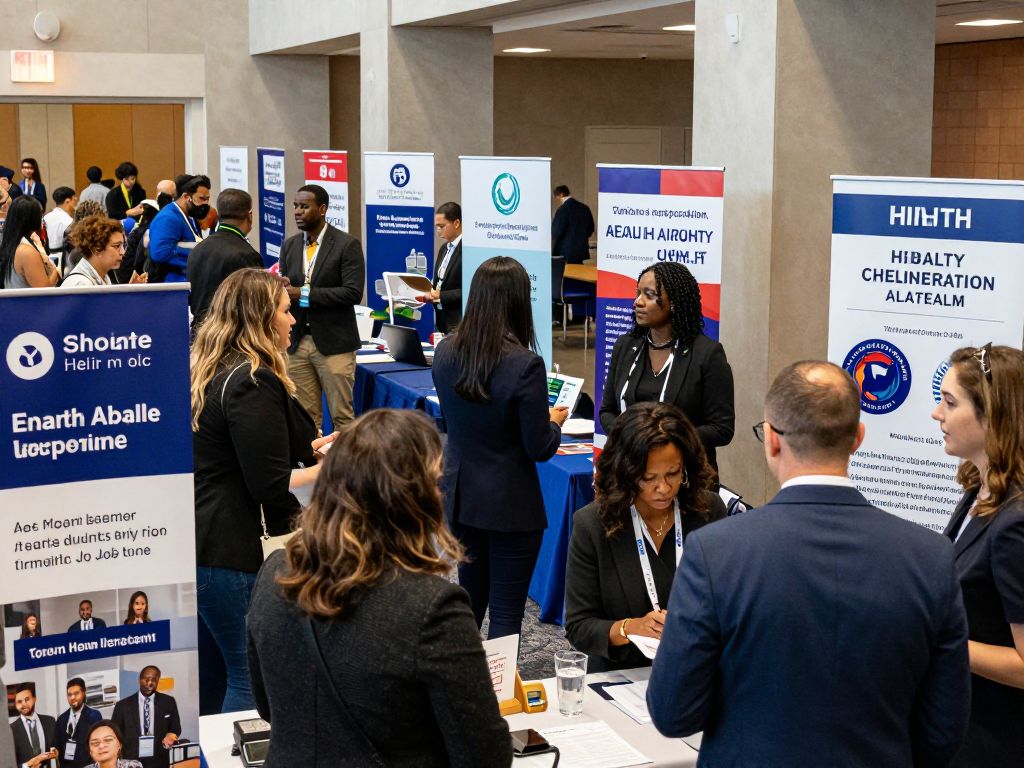Crowd at Atlanta job fair engaging with employers