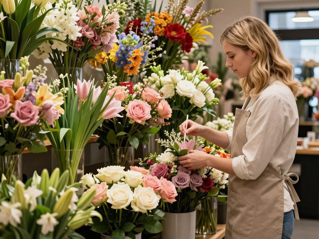 Flower arrangement in a local Atlanta flower shop, emphasizing creativity and local entrepreneurship.