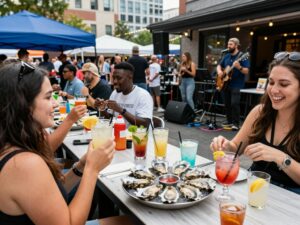 A bustling scene from the Atlanta Oyster Festival at Park Tavern, showcasing fresh oysters and community camaraderie.