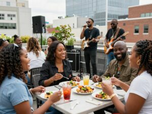 People enjoying the R&B Rooftop Brunch in Atlanta, featuring a lively atmosphere with food and music.