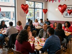 A lively Valentine's Day celebration in Atlanta with couples dining and enjoying community events.